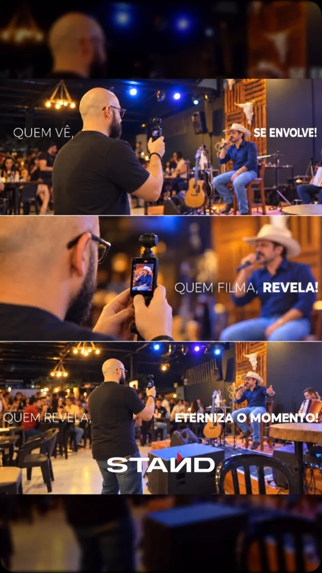 Bastidores de uma gravação musical: captação, enquadramento e apresentação ao vivo.